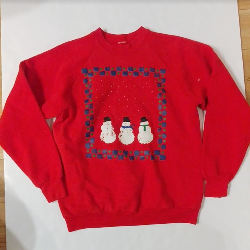 Vintage Christmas Sweater - snowman crewneck red - women's Medium